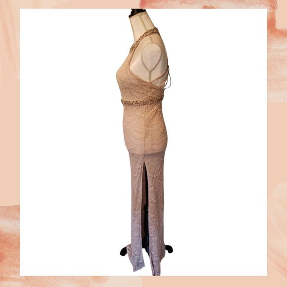 Sequin Hearts Dresses Cream Lace High Neck Full Length Formal Prom